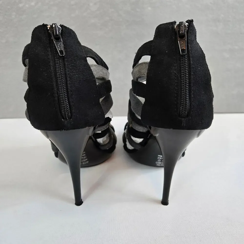 Michael Antonio Suede Black & Gray Multi-Strap Heels with Zipper Back Size 6.5